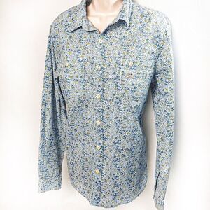 Ralph Lauren D&S Blue Floral Button Down Top Sz M